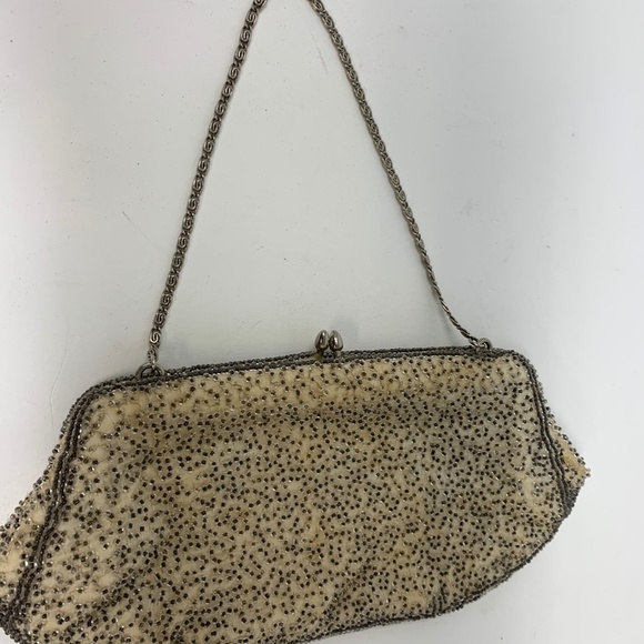 Walborg antique beaded Art Deco handbag purse ivory silver chain made in Japan - Picture 6 of 12